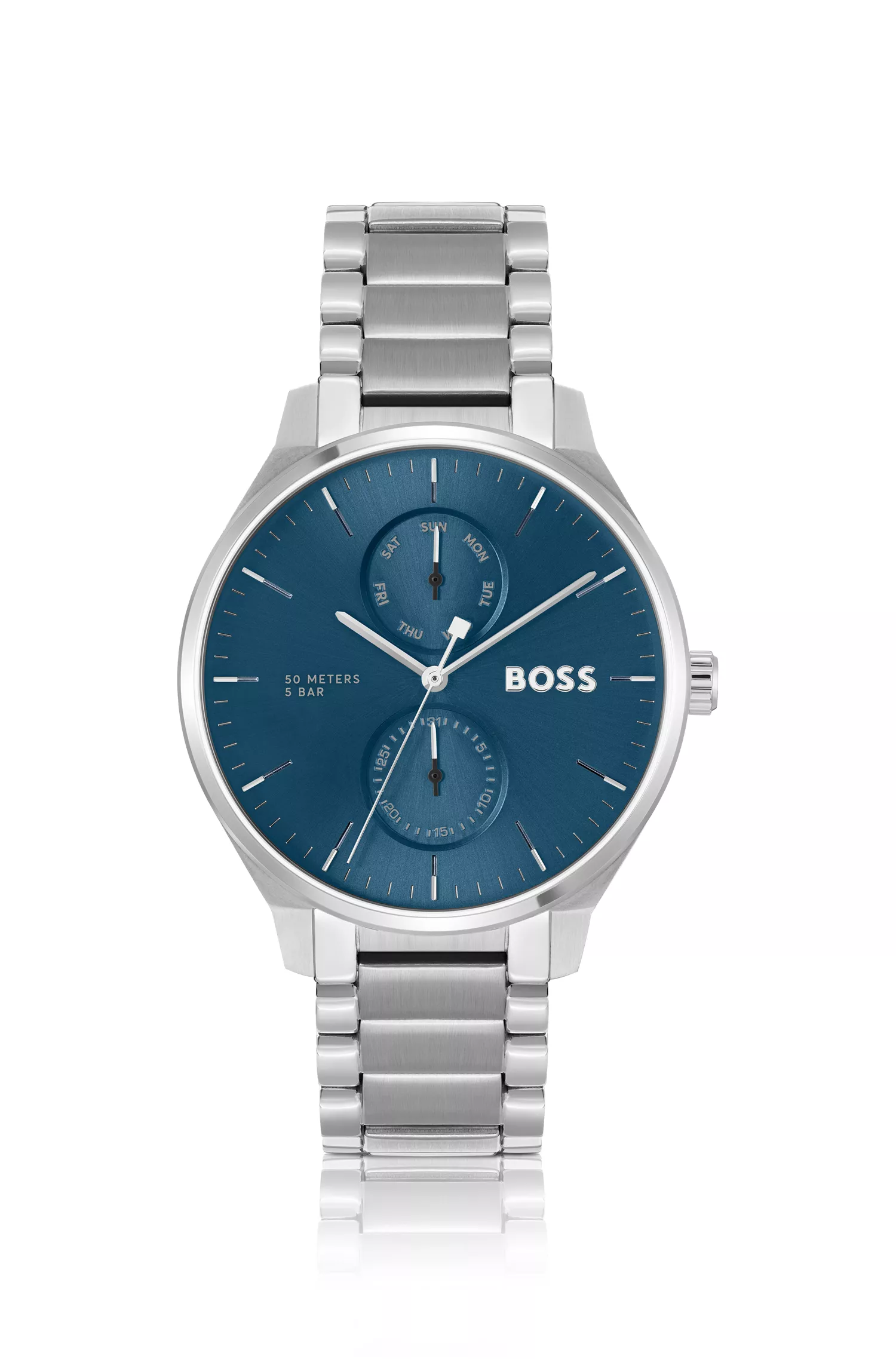 Relógio BOSS com mostrador preto e azul e pulseira de aço inoxidável.