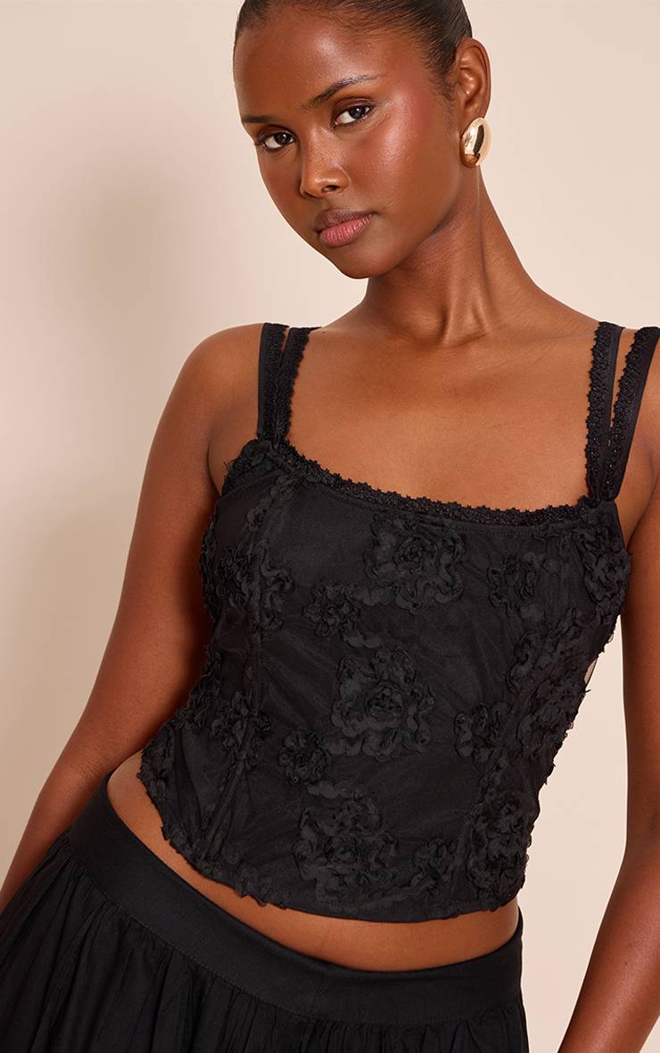 Noir Corset Baleiné À Texture Florale