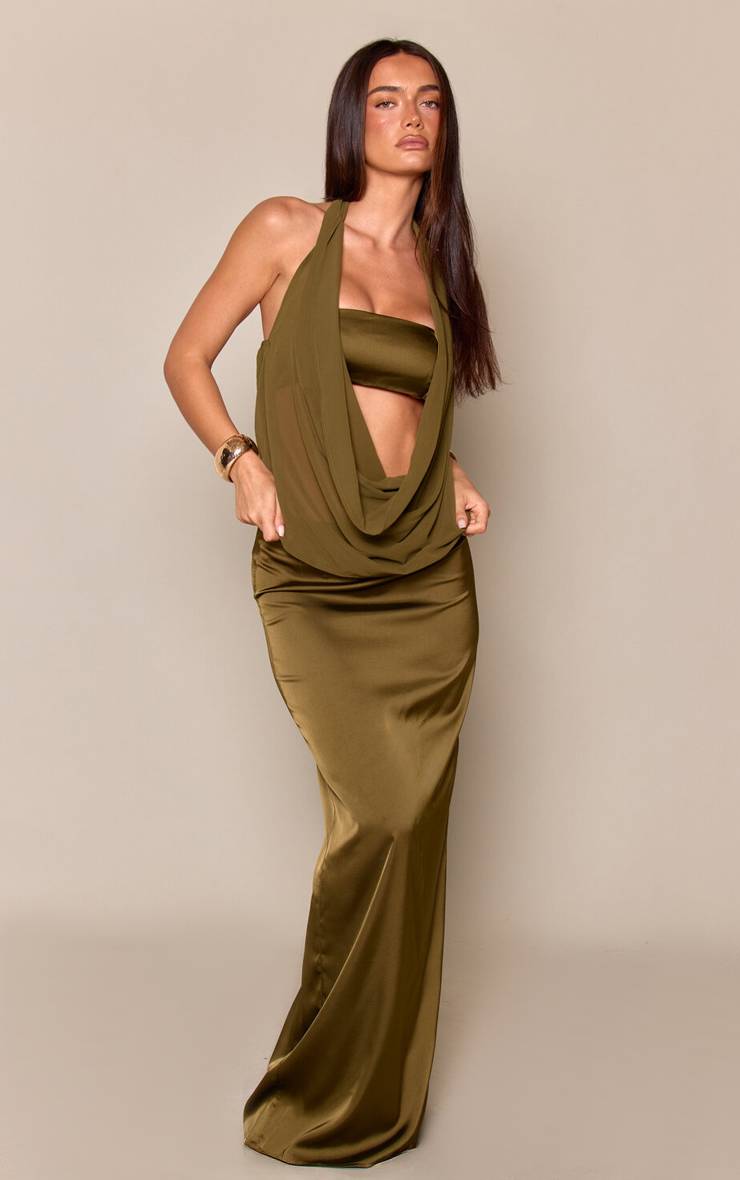 Vert Olive Jupe Longue Satinée Taille Mi-haute Ensemble Coordonné