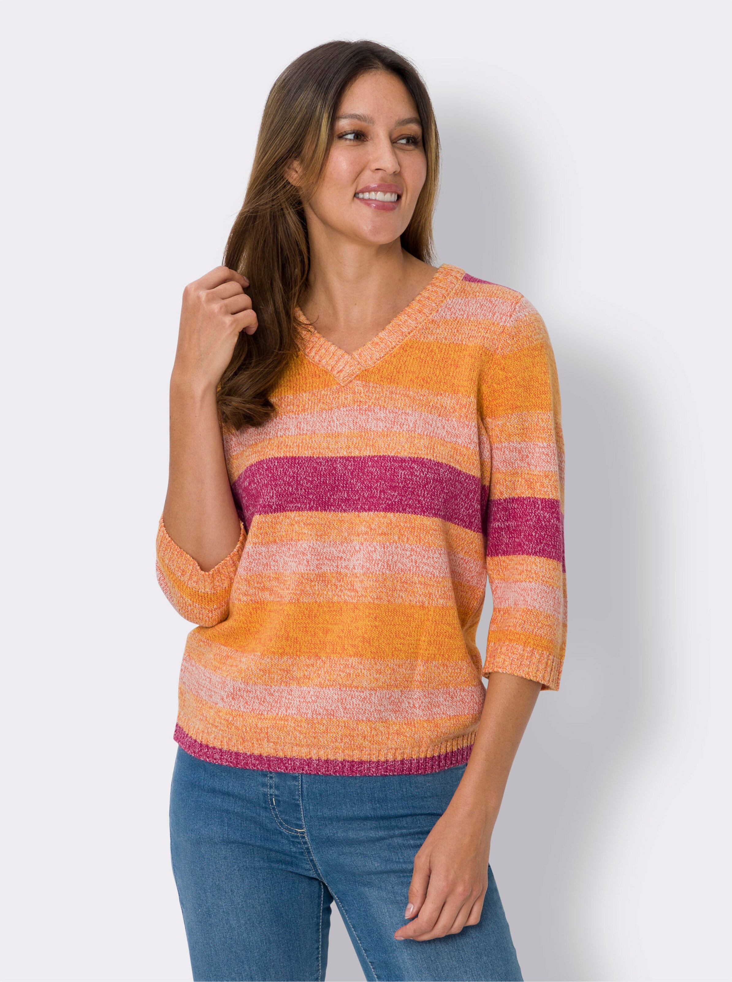 V-Ausschnitt-Pullover mit Streifen-Muster und Farbverlauf
