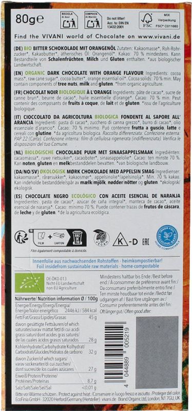 Vivani - Feine Bitter Orange - Chocoladereep - 70% Cacao - 80 gram
