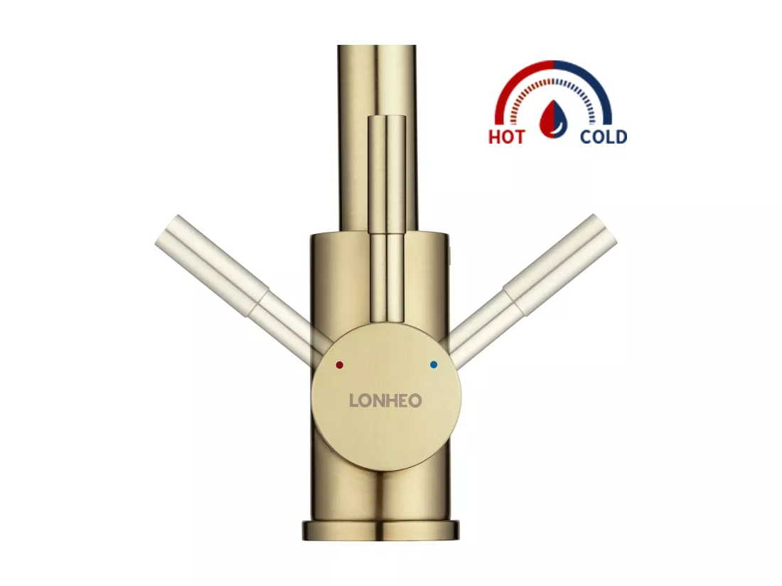 Lonheo Max Robinet de Cuisine U-Forme Rotatif à 360°Mitigeur Évier à Eau Froide et Chaude en Acier Inoxydable avec Barboteur démotable, Doré,EU Modèle