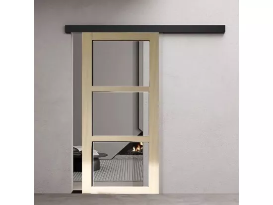 Porte Coulissante Bois Ayous Vitrage Transparent H204 X L73 + Rail Alu Bandeau Noir Et 2 Coquilles Gd Menuiseries