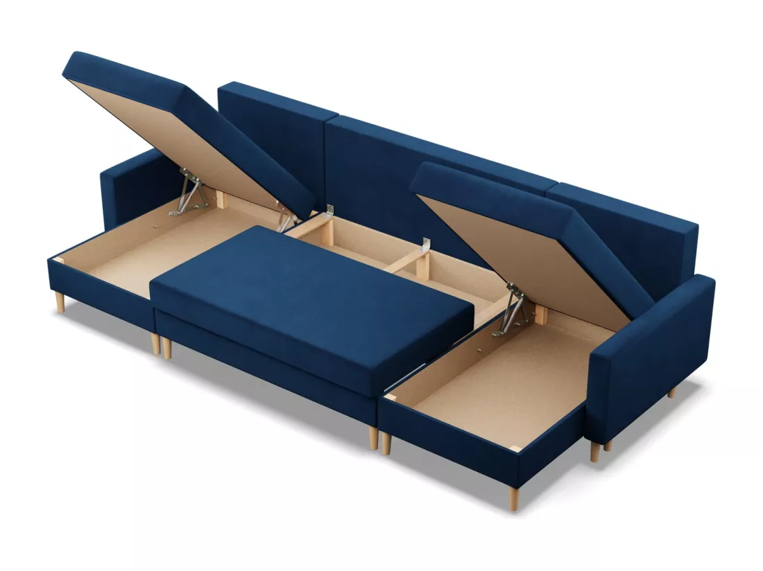 Canapé d'angle en U avec fonction sommeil, Coussin réversible, Bonell, Blau