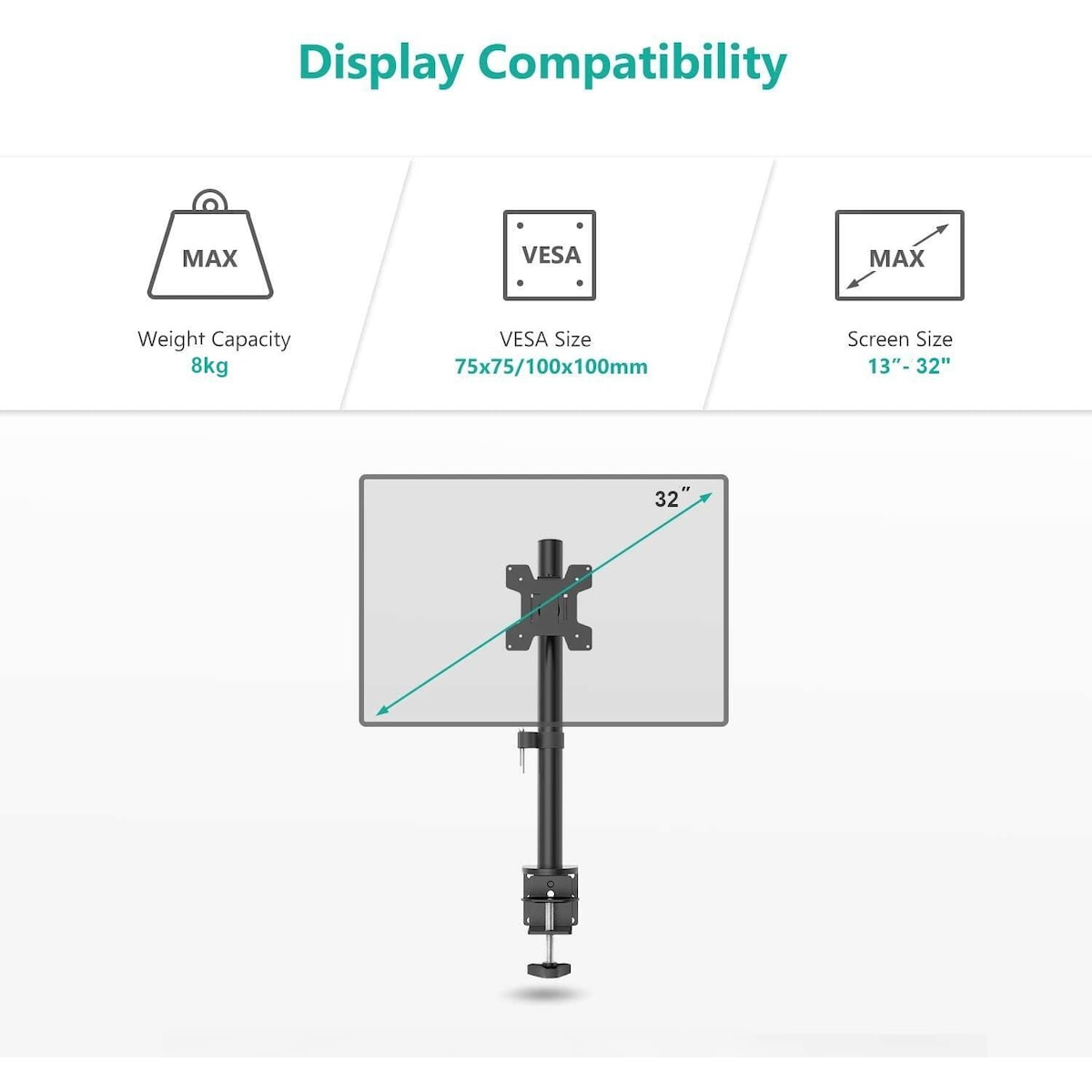 NÖRDIC Monitorarm Table Bracket for 1 Monitor 13-32 med Justerbar høyde Rotatbar og vippbar, Stål, Svart, Skjermbrakett VESA 75 og 100
