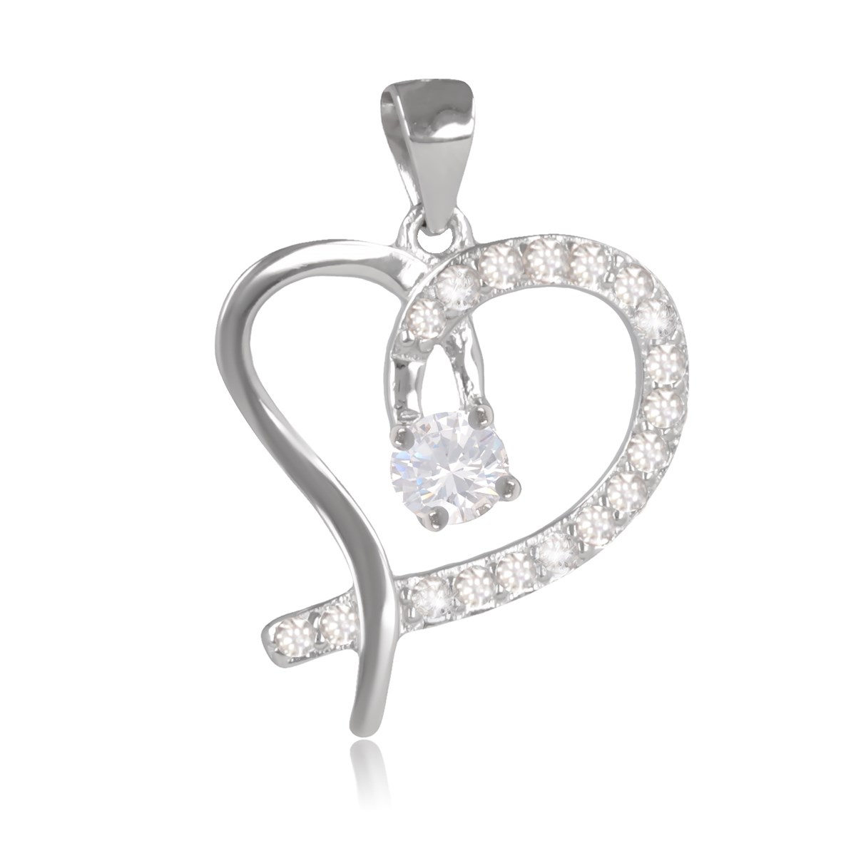 Pendentif argent rhodié forme coeur moitié cubic zirconia avec pierre de cubic zirconia