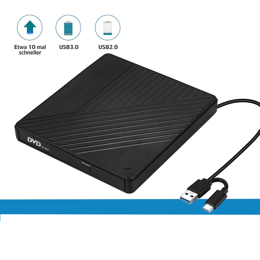 3in1 Slim Super Drive USB C / USB 3.0 CD DVD-RW Externes Laufwerk Brenner mit SD- / MicroSD Card Reader / Dual USB für MacBook / Laptop - Schwarz