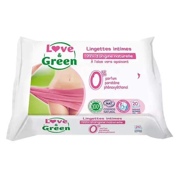 Lenços umedecidos íntimos em gel Love & Green, 20 unidades.