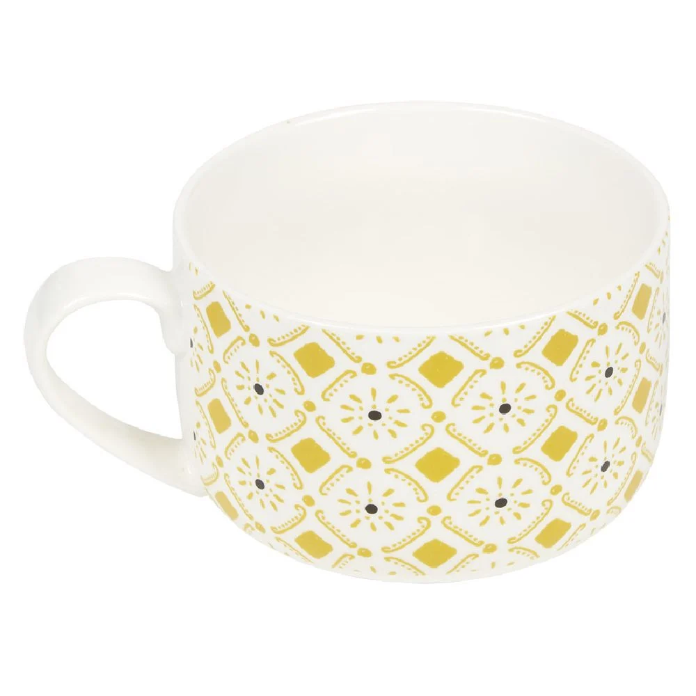 Bol jumbo soupe avec couvercle en porcelaine blanc motif jaune