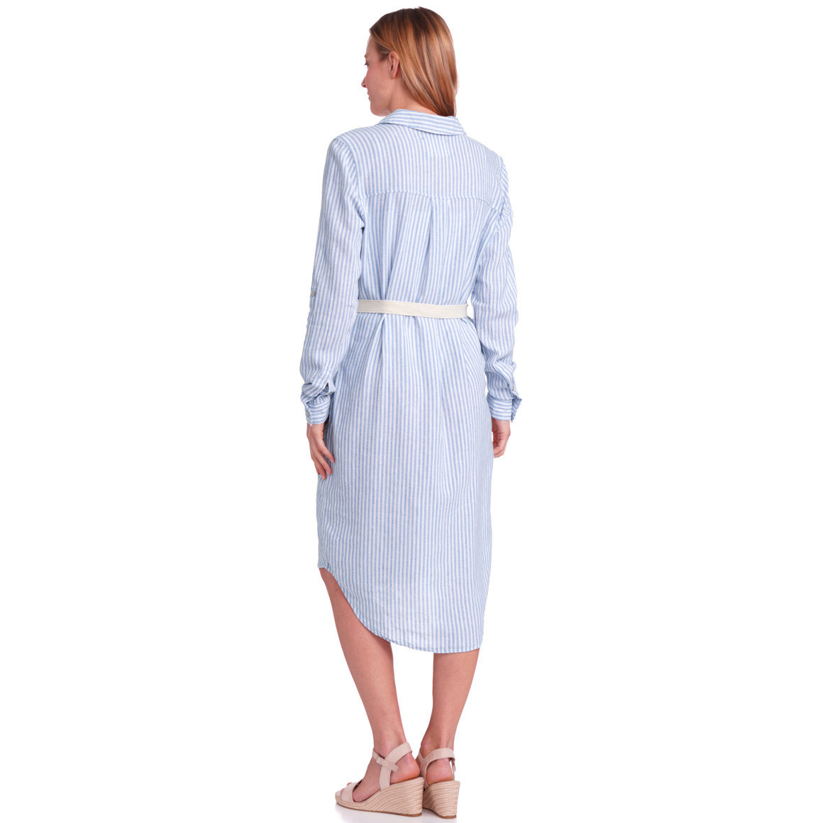 Gina Benotti Damen Leinen-Kleid mit Bindegürtel hellblau / weiss