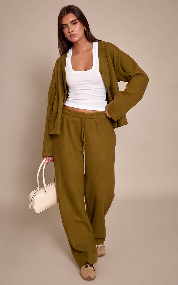 Vert Olive Pantalon Large Gris Brossé Toucher Doux