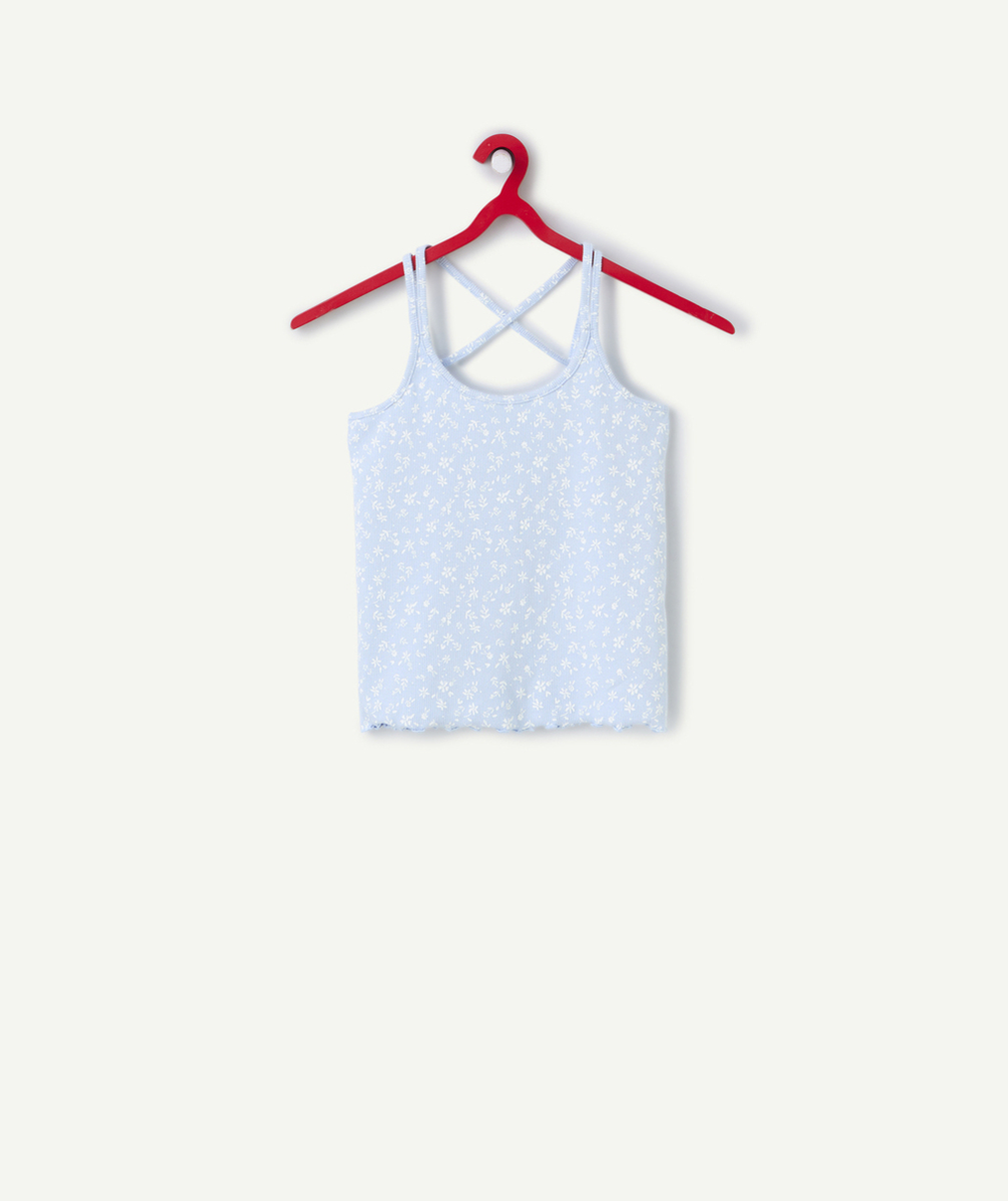 débardeur court fille en coton bio côtelé bleu imprimé fleuri