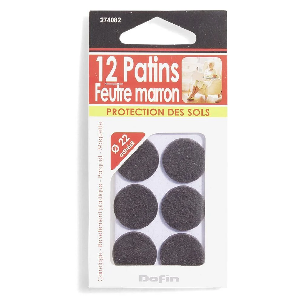 Lot de 12 patins en feutre adhésif marron - Ø22 mm