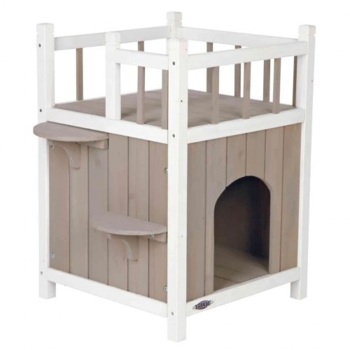 Casinha multicolorida para gatos com varanda