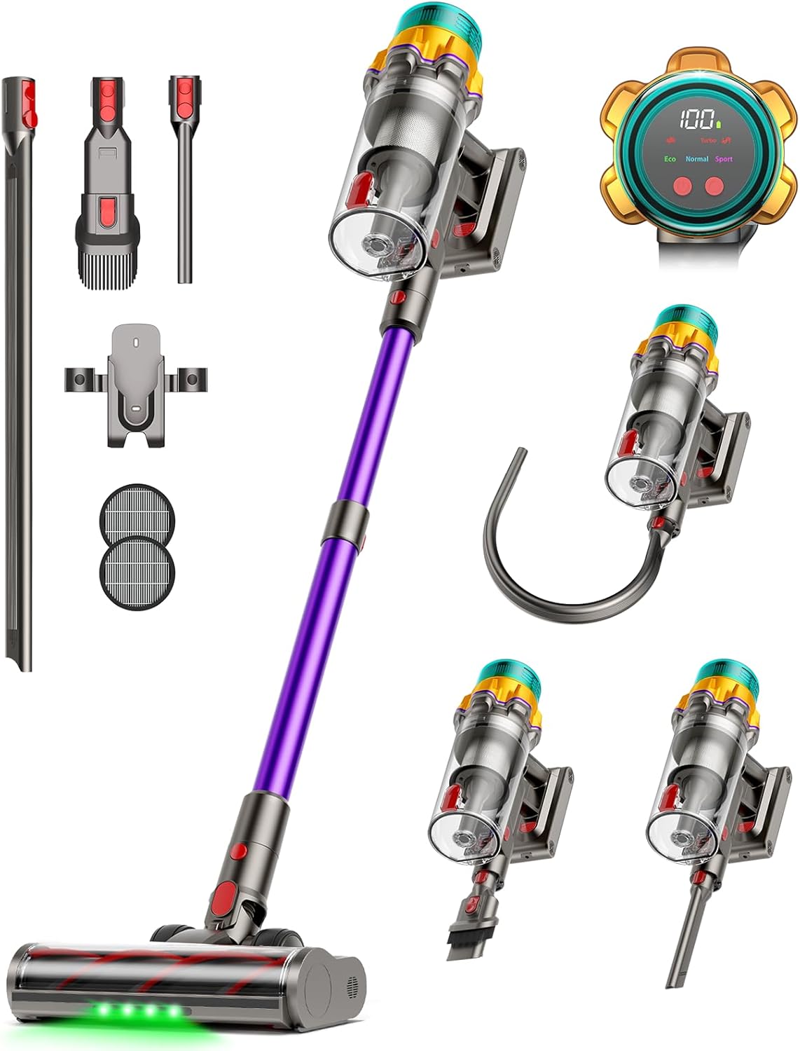 Akku Staubsauger 50000Pa/600W/65Min, Kabelloser Stabstaubsauger mit 2L Staubbehälter, Selbststehend, LED-Display, 8-Schicht-Filtration, Flexible Fugendüse, Leicht für Hartböden, Teppiche, Tierhaare