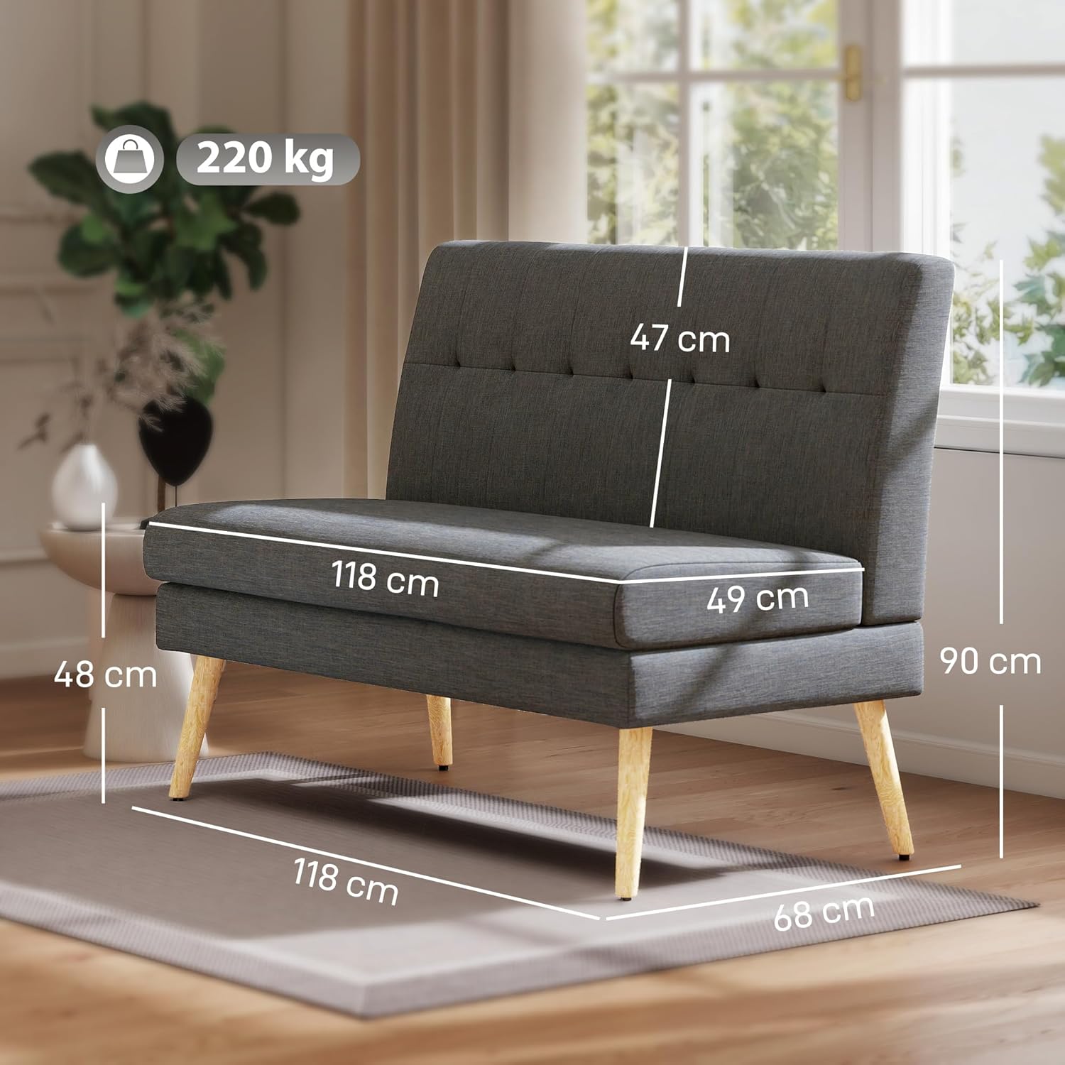 HOMCOM Sofa 2 Sitzer Couch mit Leinenoptik, Getuftete Rückenlehne Kleine Polstersofa Modern 118 cm Gepolstert Doppelsofa mit Holzbeine für Wohnzimmer, Kleine Räume, Dunkelgrau