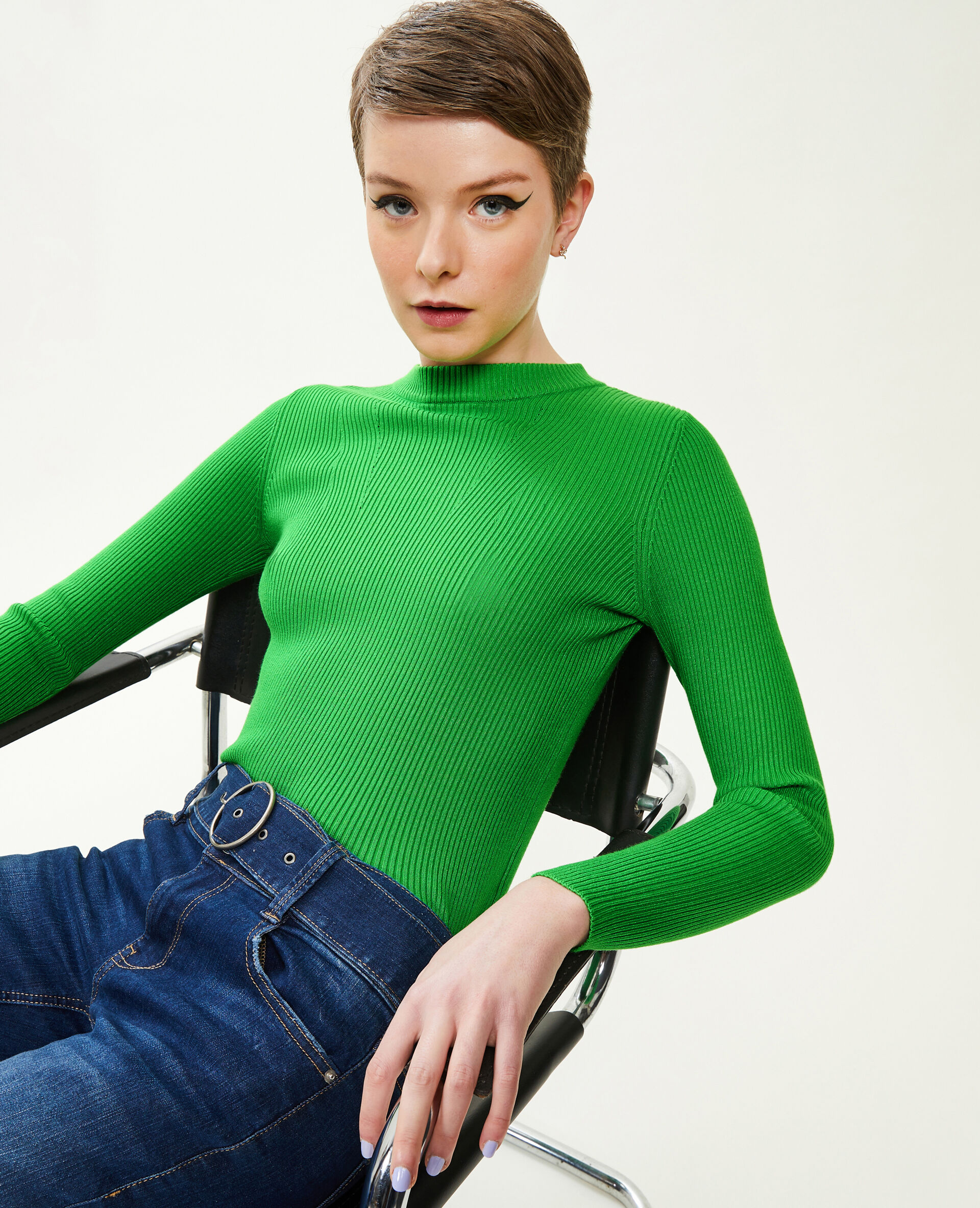 Pull col rond maille côtelée - Vert