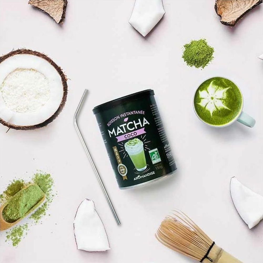 Boisson instantanée matcha coco 150 g + 4 pailles en inox