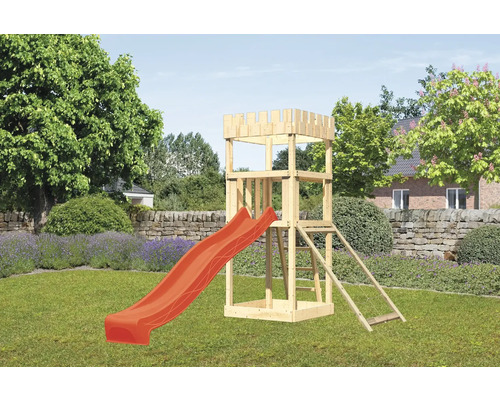 Speeltoren/speelhuis Karibu Leeuwenhart, 107 x 107 cm, van hout, bestaande uit glijbaan en nethelling (rood).
