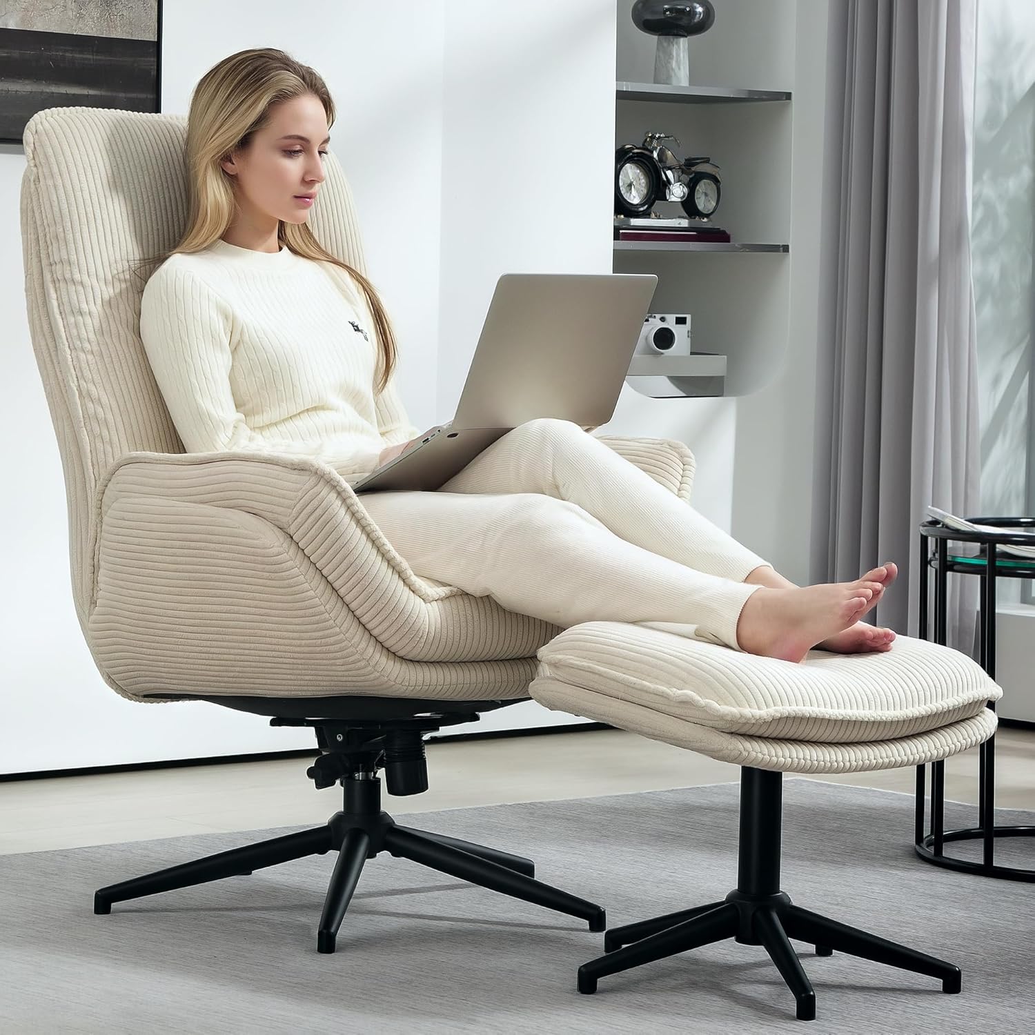 HOMCOM Relaxsessel mit Hocker 360°Drehbarer Fernsehsessel mit Liegefunktion TV-Sessel mit Cord-Optik, Ruhesessel für Wohnzimmer, Schlafzimmer, Beige