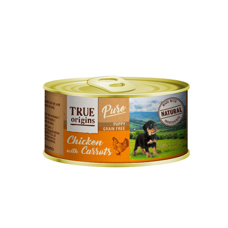 Lata de 185g de True Origins Pure Puppy com Frango e Cenoura para filhotes