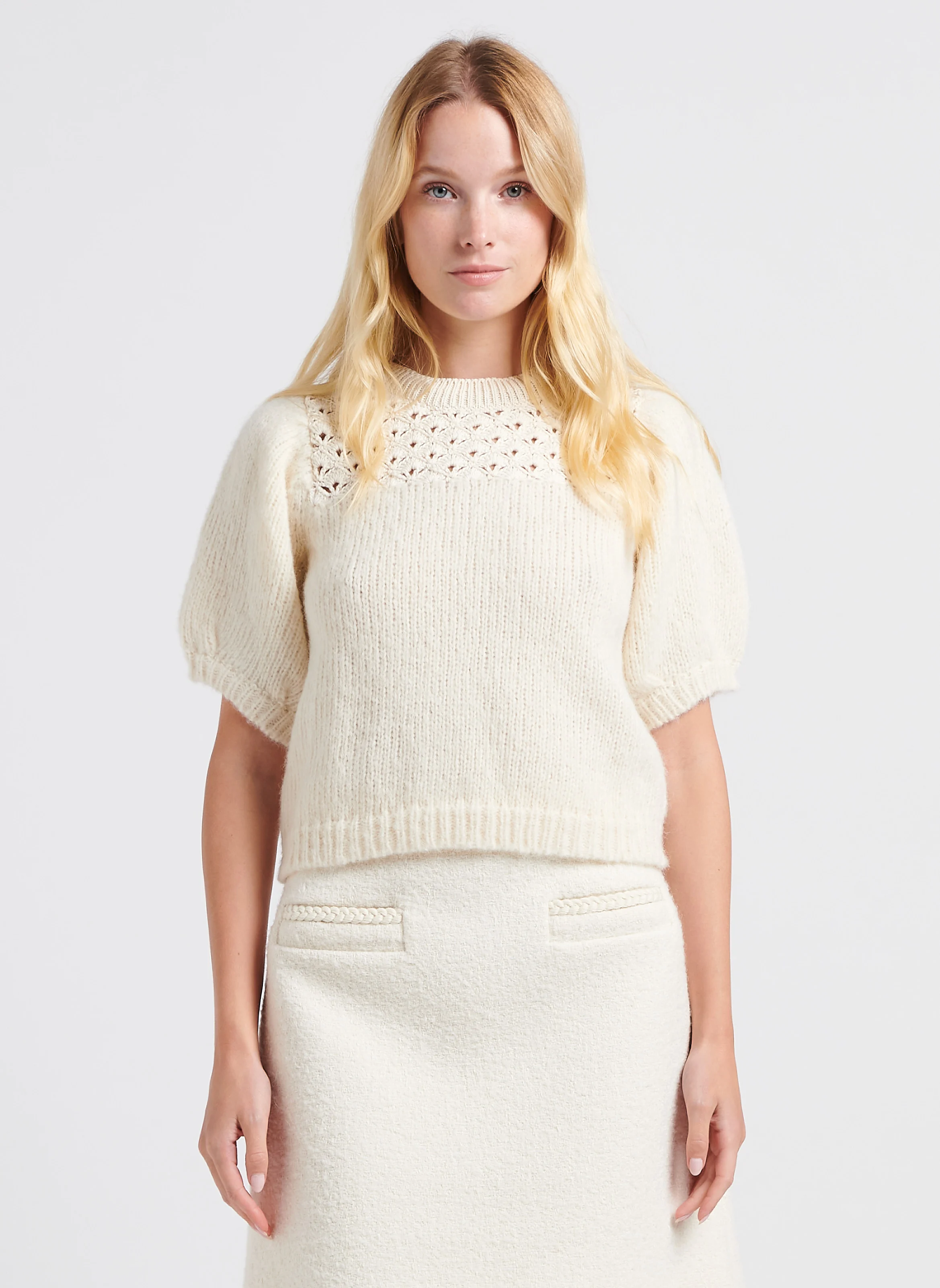OSCAR - Pull col rond en maille ajourée | Beige