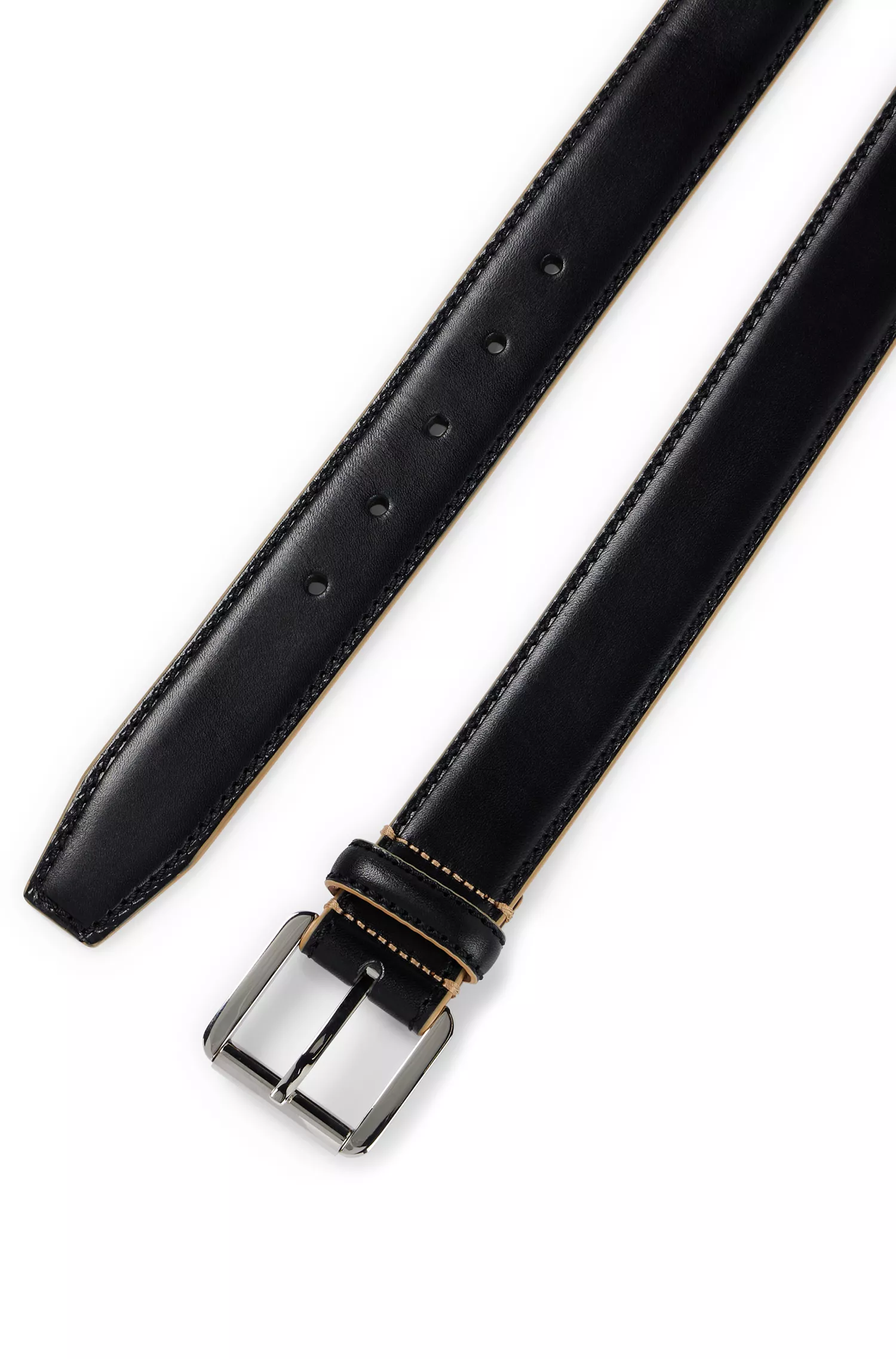 Cinto BOSS em couro italiano preto com bordas e costuras contrastantes.
