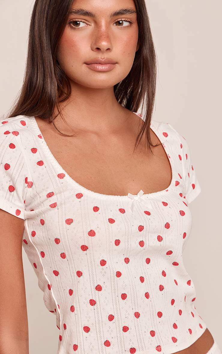 Blanc Haut De Pyjama À Manches Courtes En Pointelle Motif Fraise