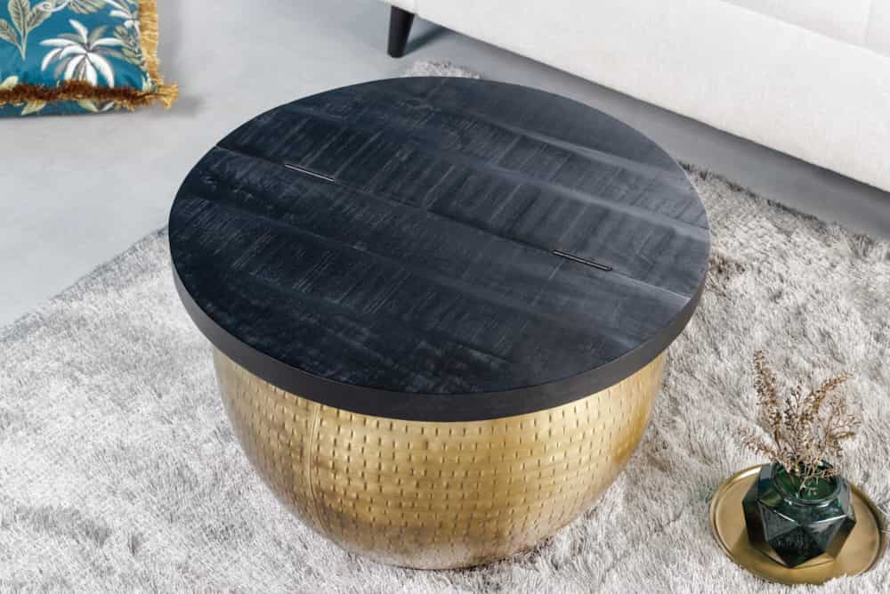 Runder Couchtisch DRUMP STORAGE 60cm gold schwarz Mangoholz Metall mit Stauraum Hammerschlag