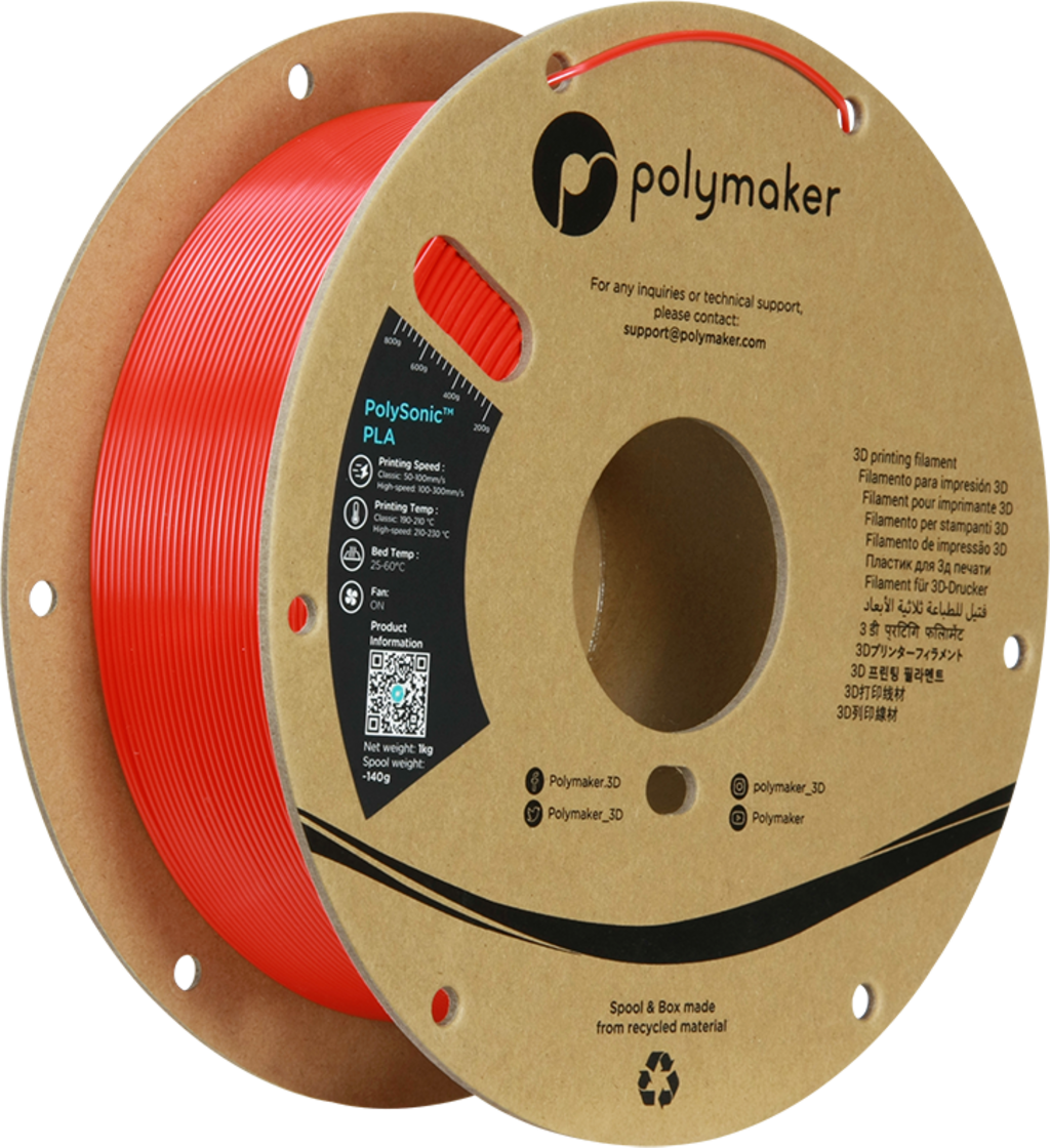 Polymaker  PolySonic PLA Red, 1,75 mm / 1000 g    Innovatives Filament für Hochgeschwindigkeitsdrucke