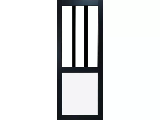 Porte Coulissante Atelier Noir Et Panneau Blanc Vitree H204 X L73 + Rail Alu Bandeau Blanc Et 2 Coquilles Noir Gd Menuiseries