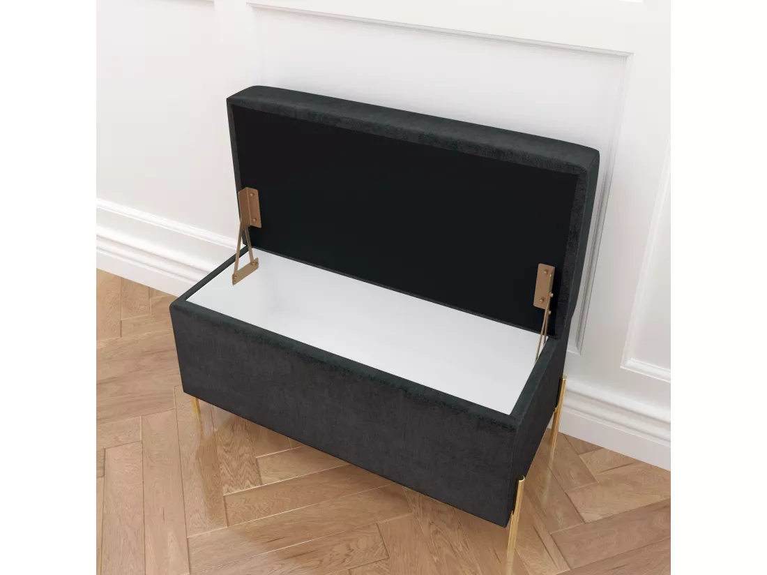 Banc coffre BORGO en velours gris avec pieds en métal doré / 80 x 37 cm