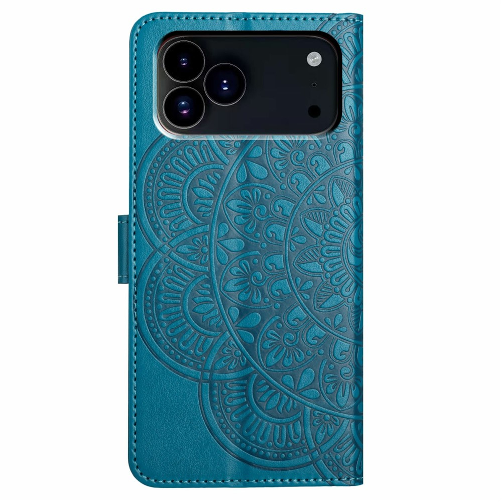 iPhone 17 Pro Max Leder Tasche Wallet - Mandala Flowers Imprint - Blau