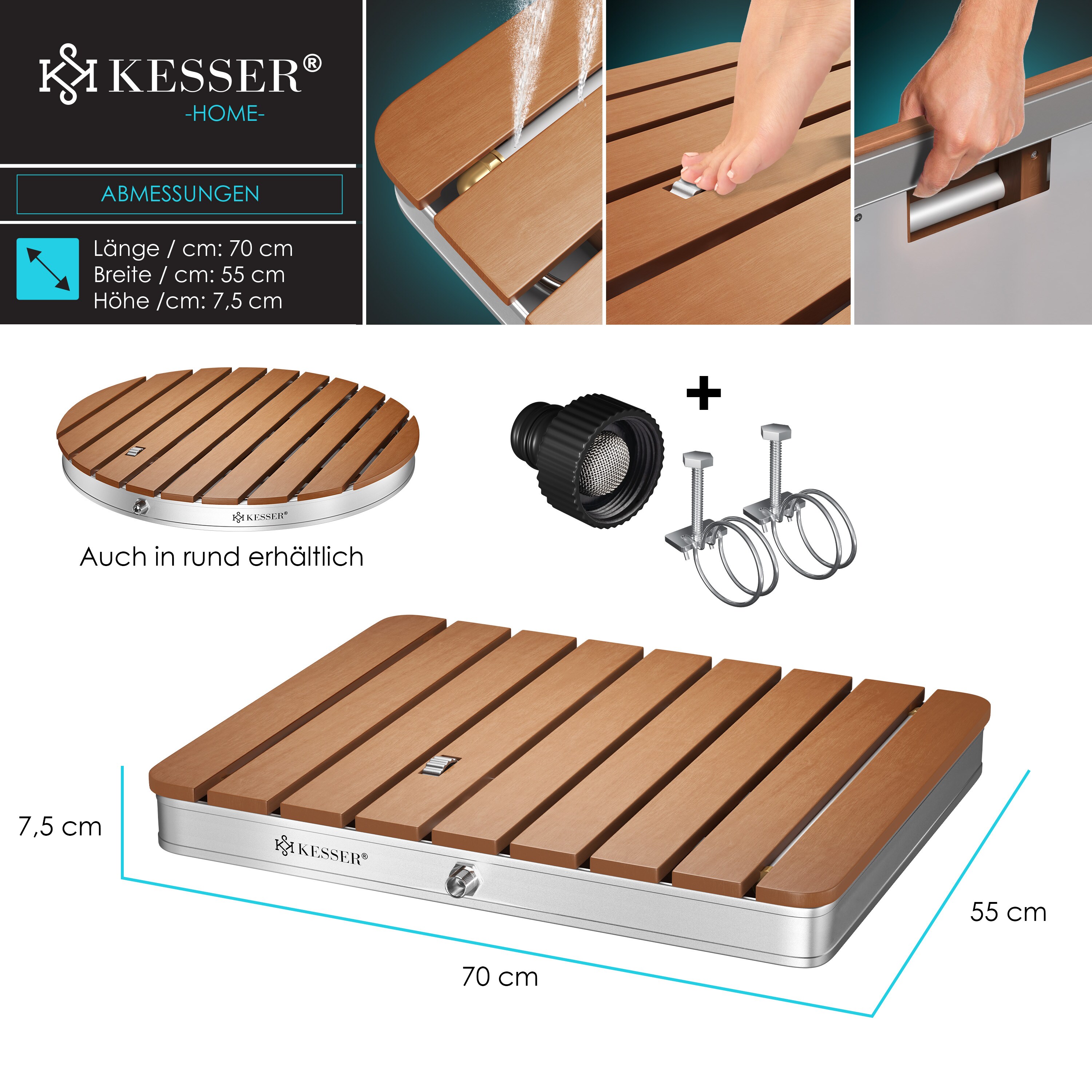 KESSER® Gartendusche Bodendusche Außendusche Saunadusche Campingdusche 70x55 cm Rechteck Fontänenhöhe bis 4 m einstellbar Mit Fußrad, Aluminium/WPC, rutschfeste Standfläche Wetterfest, Holzoptik