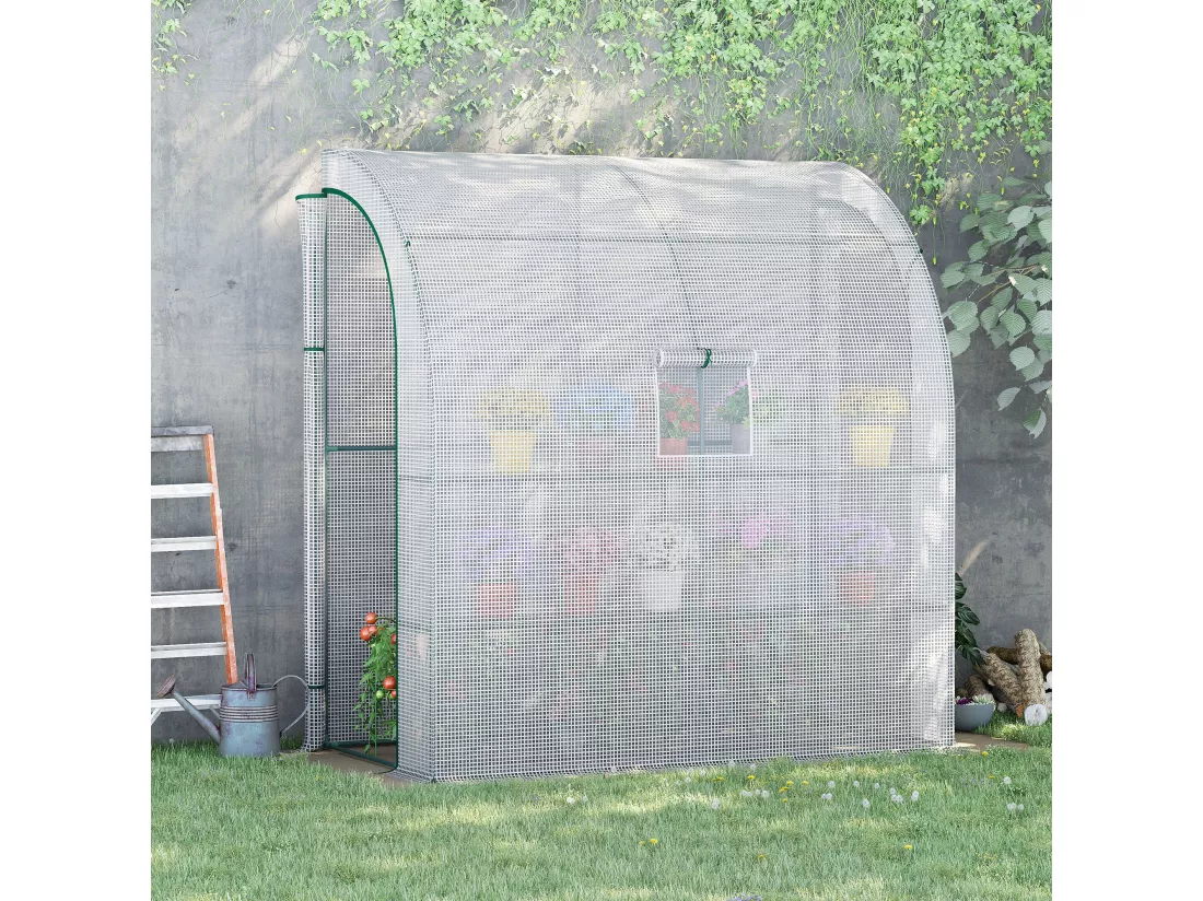 Serre de jardin adossée serre adossée dim. 2L x 1l x 2,13H m 4 étagères 2 portes zippées 1 fenêtre acier PE haute densité blanc