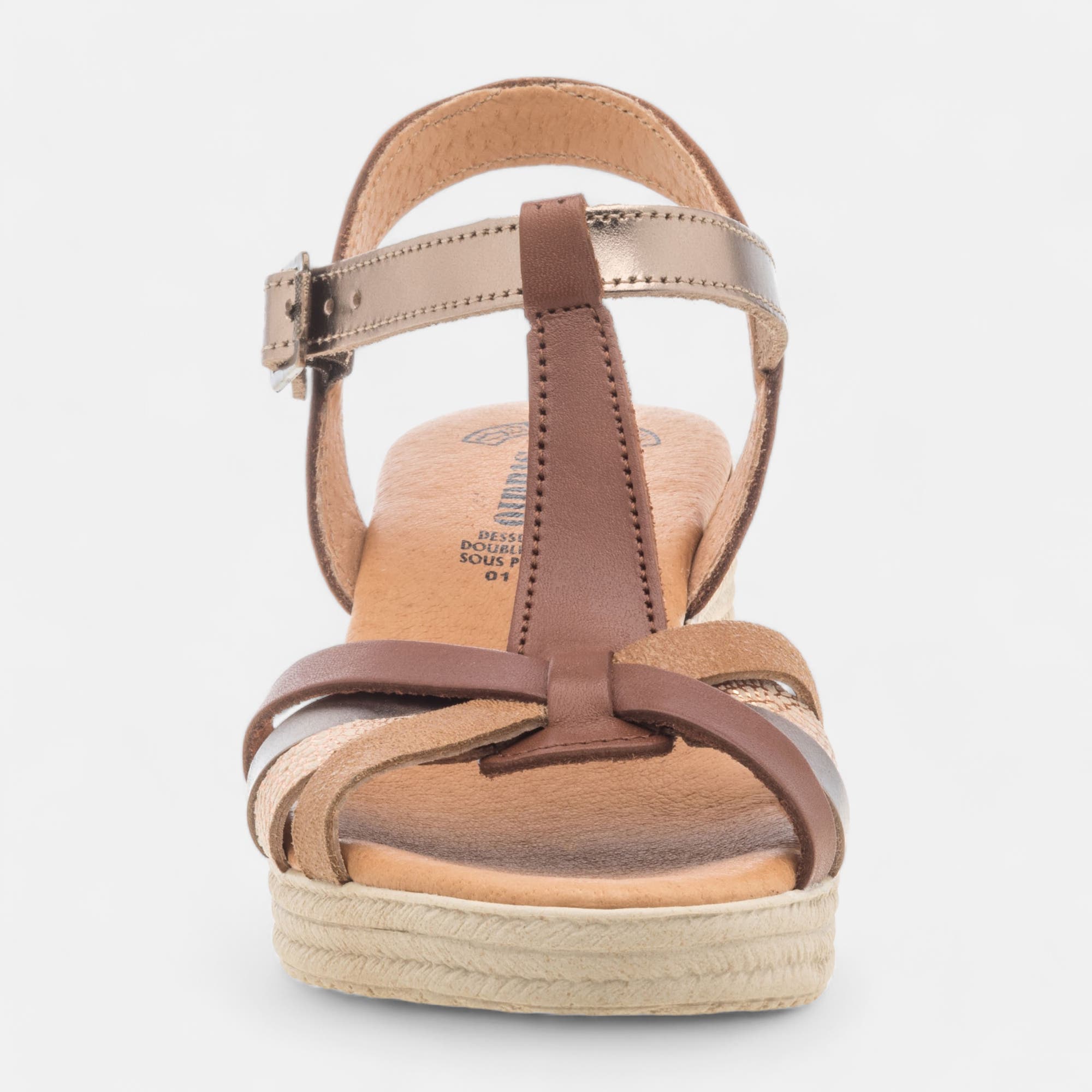 Sandales à talon compensé Femme en cuir cognac