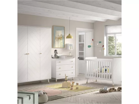 TINY WHITE - Chambre avec lit bébé blanc + table à langer + Armoire 3 Portes