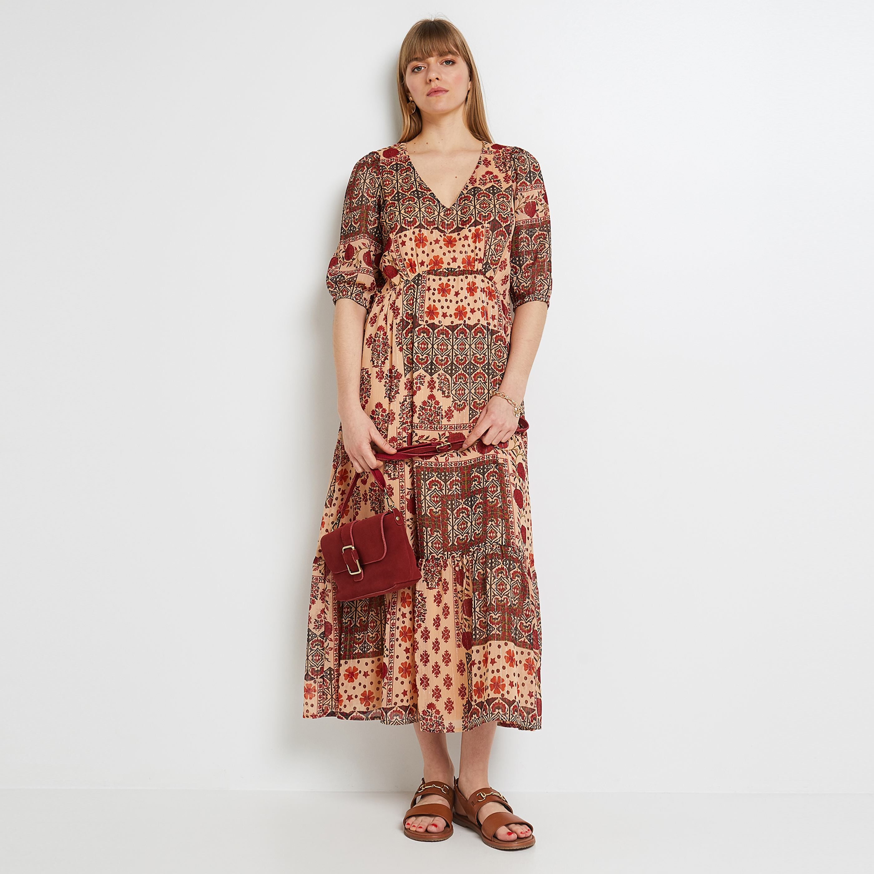Robe longue imprimée femme - BEIGE