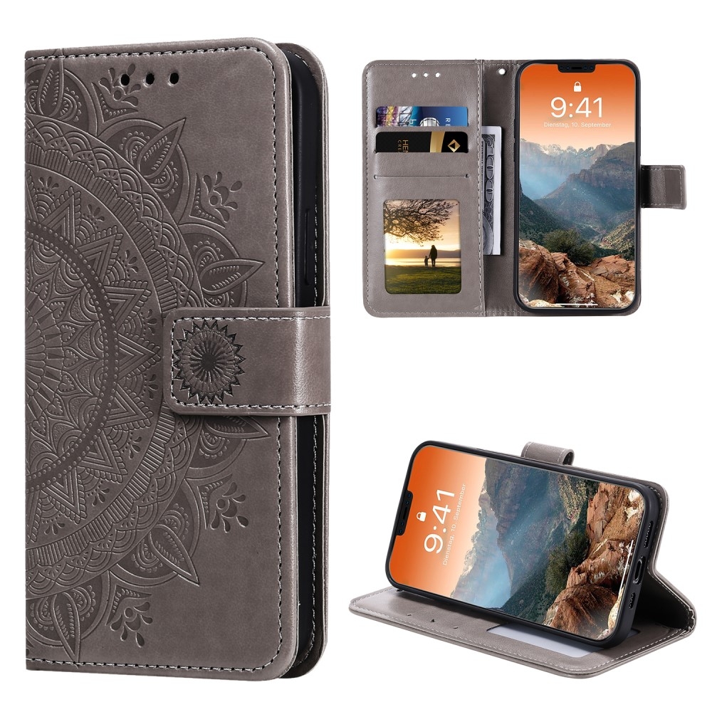 iPhone 12 / iPhone 12 Pro Leder Tasche Wallet - Mandala Flowers Imprint - Grau