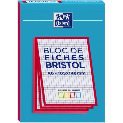 Oxford - Pack de 30 Fiches Bristol - A6 - petits carreaux - non perforées - disponible en 4 couleurs