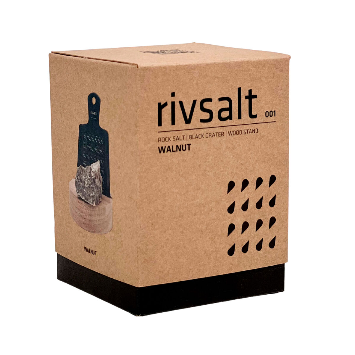 Rivsalt Sett med rivjern, bergsaltstein og bordstativ i valnøttre