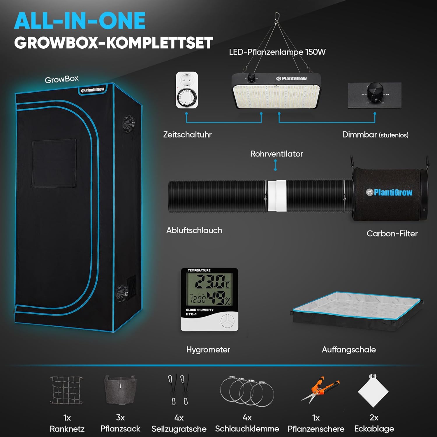 Growzelt Komplettset – Indoor Gewächshaus mit 150W Vollspektrum LED Lampe (Dimmbar), 1680D, Carbon-Filter, Inline-Kanalventilator, Abluftschlauch (120x60x180cm)