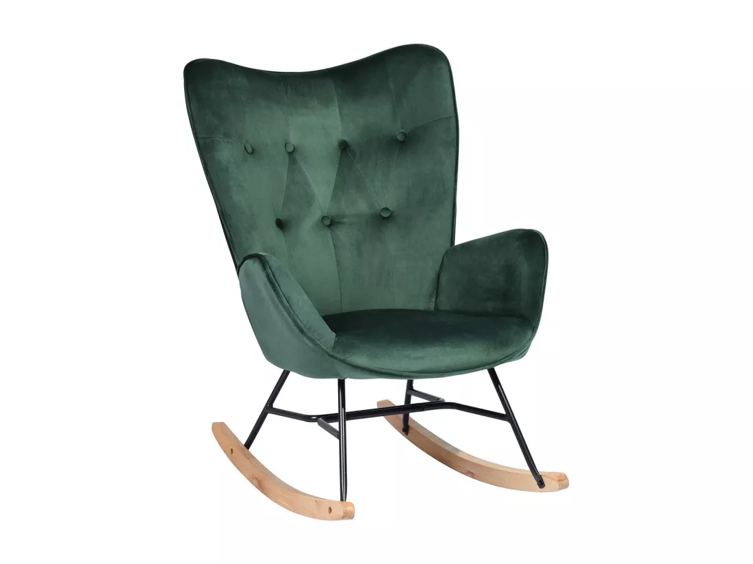Fauteuil à bascule Scandinave velours vert pieds en bois clair EPPING KD VELVET GREEN WOOD LEG