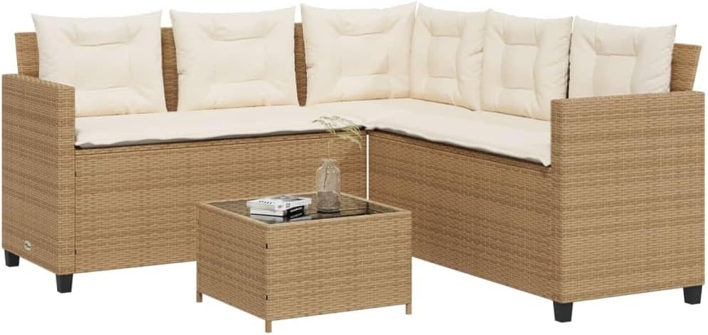 vidaXL Gartensofa in L-Form, Ecksofa mit Tisch Kissen, Lounge Set für Garten Terrasse, Sofa Garnitur Gartenmöbel, Beige Poly Rattan