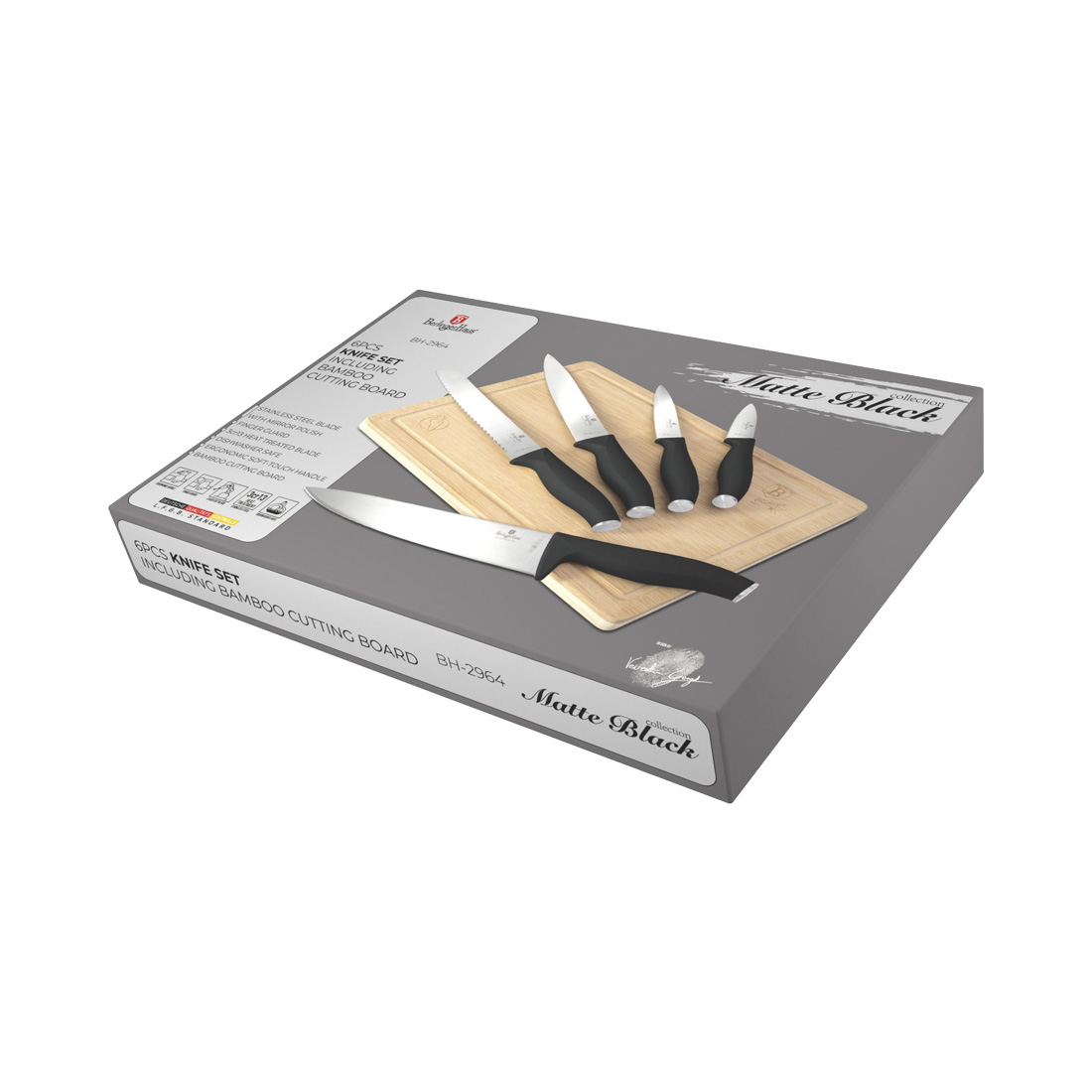 Berlinger Haus 6-teiliges Messer-Set mit Bambus Schneidebrett Matte Black Collection