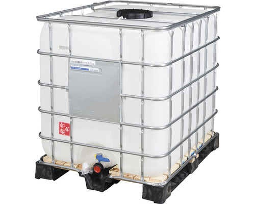 IBC-container op houten composiet pallet, inhoud 1000 l, met vulopening DN 225 en uitlaatopening DN 50.