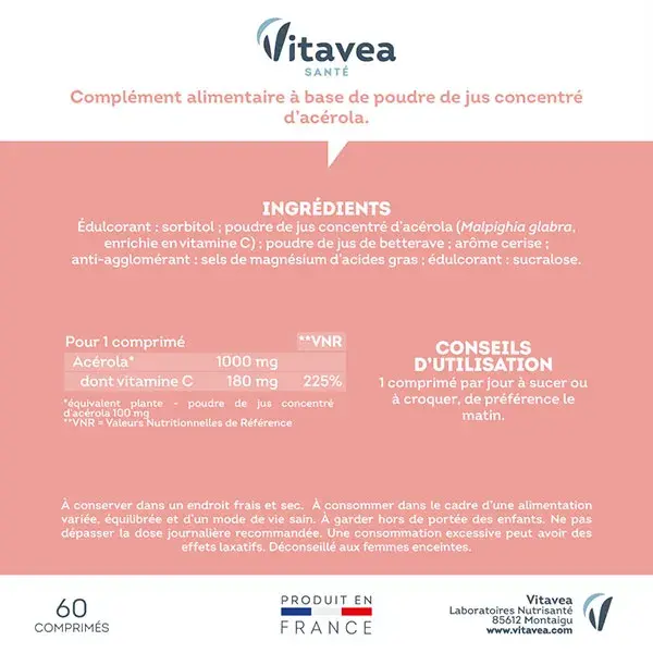 Vitavea Acerola 1000 Vitamina C Sabor Cereja 60 Comprimidos Mastigáveis