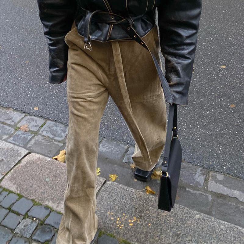 BrickBlack - Hoge taille effen corduroy wijde broek met riem