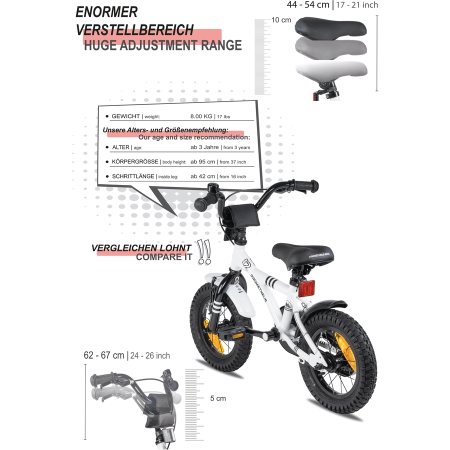 PROMETHEUS BICYCLES® Kinderfahrrad 12 in Weiß & Schwarz ab 3 Jahre mit Stützräder