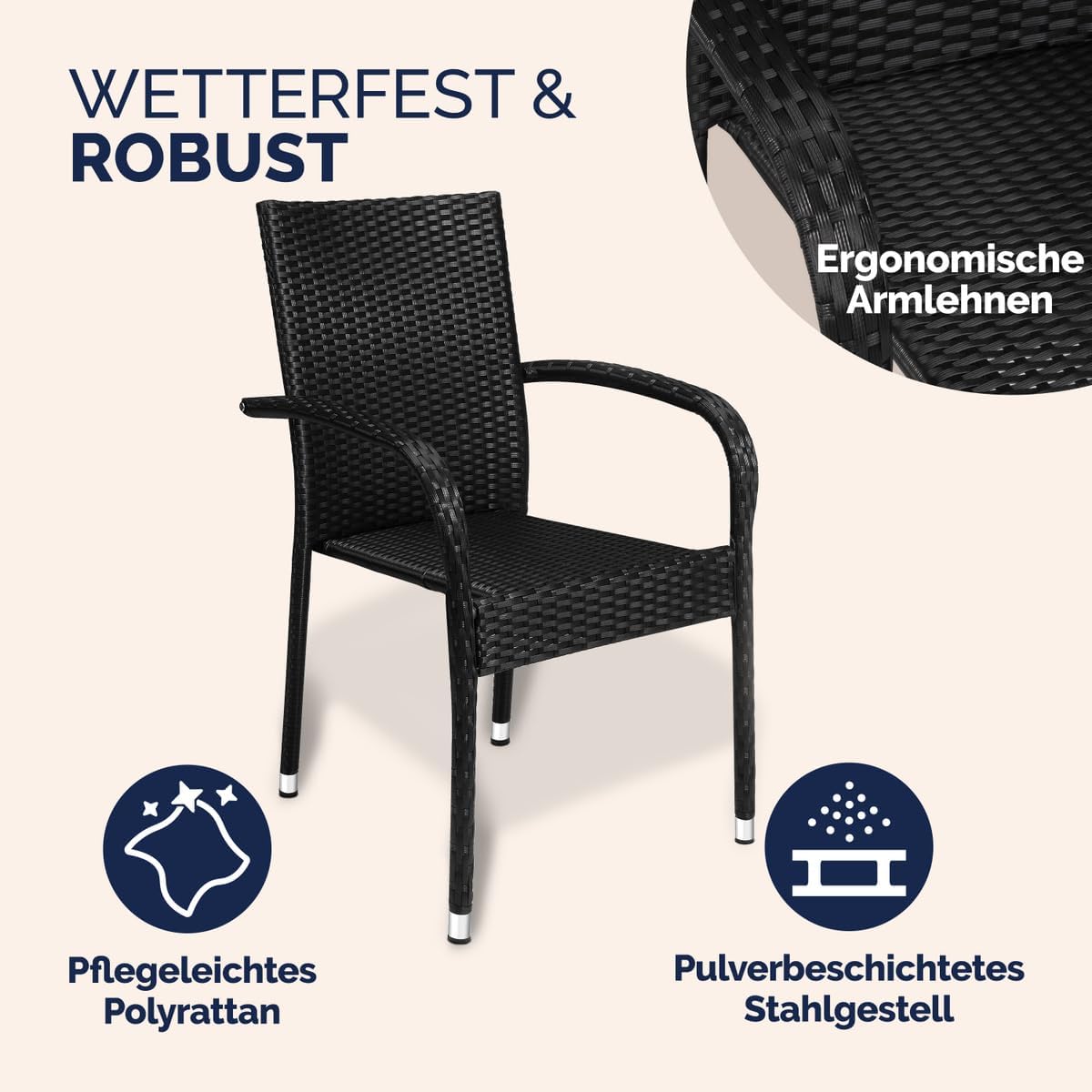 Casaria® Gartenstühle 8er Set Stapelbar Wetterfest Polyrattan Outdoor 160kg Garten Terrasse Balkon Stuhl mit Armlehne Gartensessel Stapelstühle Schwarz